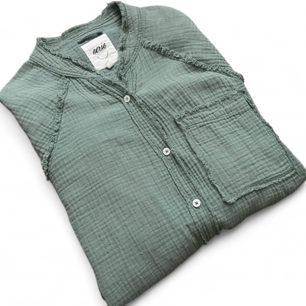 Aerie Olive Green Gauze Button Down Shirt – Size XS - Picture 3 of 7